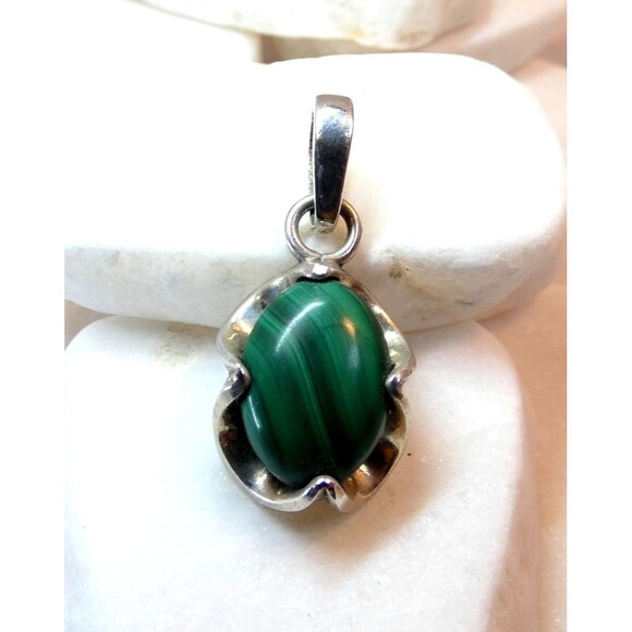 Vintage Genuine Malachite Sterling Silver Pendant  Handmade OOAK Modernist - Picture 1 of 4
